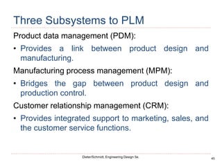 45
Dieter/Schmidt, Engineering Design 5e.
Three Subsystems to PLM
Product data management (PDM):
• Provides a link between product design and
manufacturing.
Manufacturing process management (MPM):
• Bridges the gap between product design and
production control.
Customer relationship management (CRM):
• Provides integrated support to marketing, sales, and
the customer service functions.
 