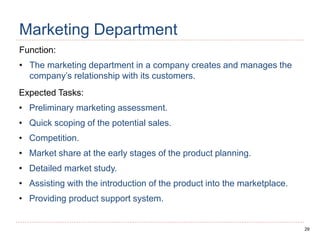 29
Marketing Department
Function:
• The marketing department in a company creates and manages the
company’s relationship with its customers.
Expected Tasks:
• Preliminary marketing assessment.
• Quick scoping of the potential sales.
• Competition.
• Market share at the early stages of the product planning.
• Detailed market study.
• Assisting with the introduction of the product into the marketplace.
• Providing product support system.
 