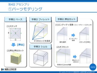 第4回 アセンブリ
①パーツモデリング
手順① ベース
[押出]
(1)スケッチ
(2)押出/押出カット
手順② フィレット
4つのエッジを指定
手順③ シェル
手順④ 押出カット
(1)エンティティ変換（フィーチャー→スケッチ）
面を選択
エンティティ
変換
スケッチ(外枠)
(2)オフセット
外枠から2mm内側
押出カット
（20mm）
ホームエレクトロニクス開発学科 山崎研究室 yamalab.com
10/32
 