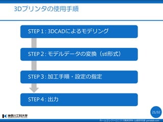 3Dプリンタの使用手順
STEP１: 3DCADによるモデリング
STEP２: モデルデータの変換（stl形式）
STEP３: 加工手順・設定の指定
STEP４: 出力
ホームエレクトロニクス開発学科 山崎研究室 yamalab.com
21/32
 