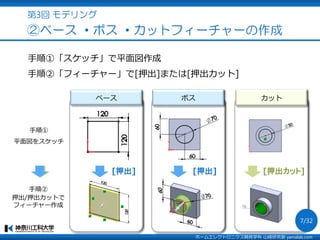第3回 モデリング
②ベース ・ボス ・カットフィーチャーの作成
手順①「スケッチ」で平面図作成
手順②「フィーチャー」で[押出]または[押出カット]
ベース ボス カット
[押出] [押出] [押出カット]
手順①
平面図をスケッチ
手順②
押出/押出カットで
フィーチャー作成
ホームエレクトロニクス開発学科 山崎研究室 yamalab.com
7/32
 