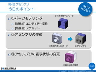 第4回 アセンブリ
今日のポイント
①パーツモデリング
[新機能] エンティティ変換
[新機能] オフセット
②アセンブリの作成
③アセンブリの表示状態の変更
※先週作成したパーツ
①今週作成するパーツ
②アセンブリ
③表示状態の変更
ホームエレクトロニクス開発学科 山崎研究室 yamalab.com
9/32
 