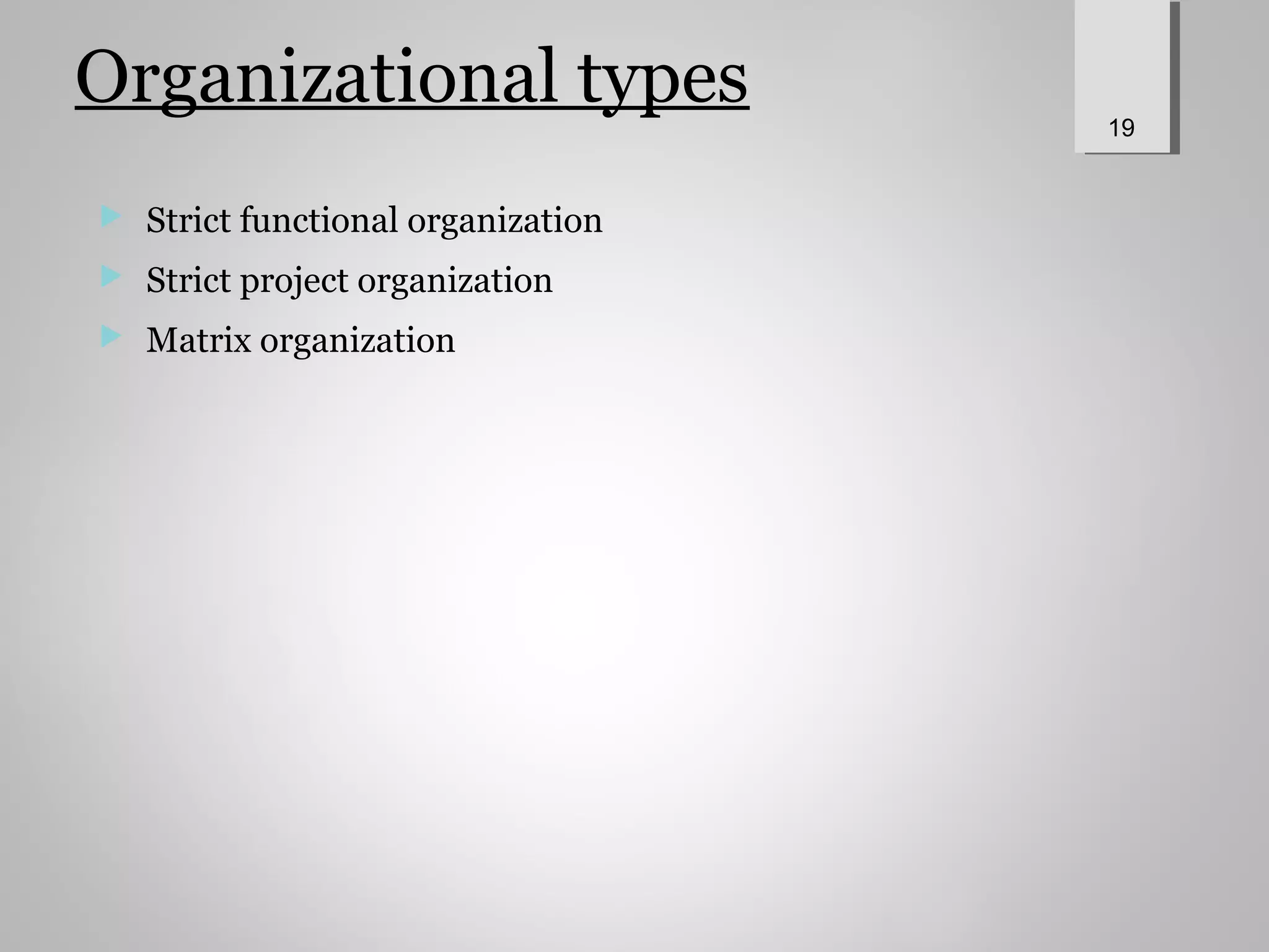 Organizational types
 Strict functional organization
 Strict project organization
 Matrix organization
19
 