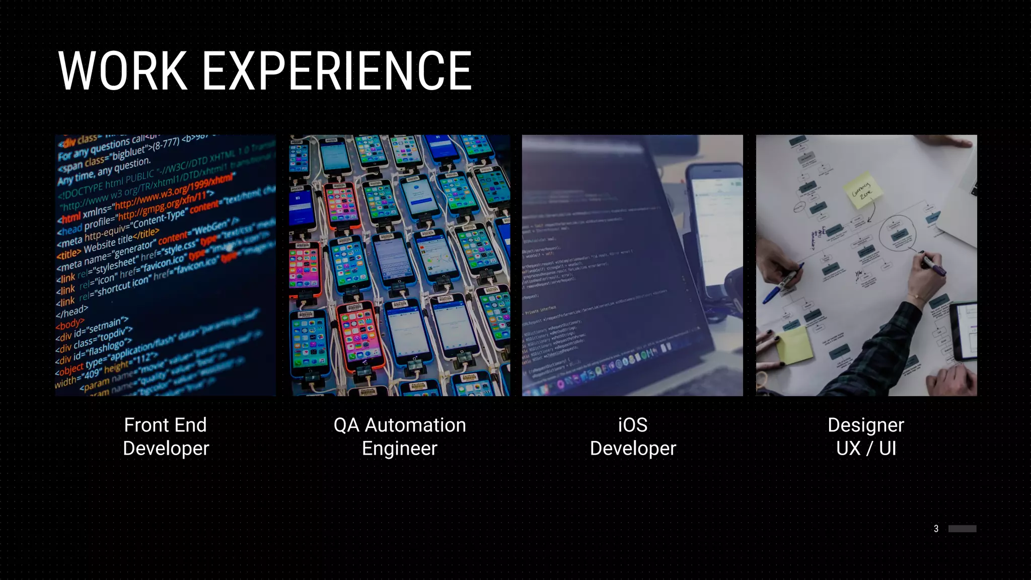 WORK EXPERIENCE
3
Front End
Developer
QA Automation 
Engineer
iOS
Developer
Designer
UX / UI
 