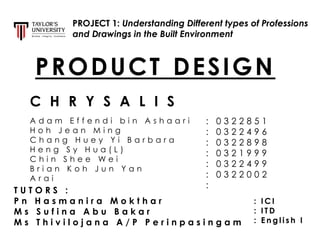 PROJECT 1: Understanding Different types of Professions
and Drawings in the Built Environment
C H R Y S A L I S
PRODUCT DESIGN
T U T O R S :
P n H a s m a n i r a M o k t h a r
M s S u f i n a A b u B a k a r
M s T h i v i l o j a n a A / P P e r i n p a s i n g a m
A d a m E f f e n d i b i n A s h a a r i
H o h J e a n M i n g
C h a n g H u e y Y i B a r b a r a
H e n g S y H u a ( L )
C h i n S h e e W e i
B r i a n K o h J u n Y a n
A r a i
: 0 3 2 2 8 5 1
: 0 3 2 2 4 9 6
: 0 3 2 2 8 9 8
: 0 3 2 1 9 9 9
: 0 3 2 2 4 9 9
: 0 3 2 2 0 0 2
:
: I C I
: I T D
: E n g l i s h I
 