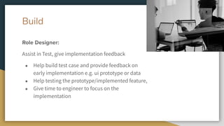 Build
Role Designer:
Assist in Test, give implementation feedback
● Help build test case and provide feedback on
early implementation e.g. ui prototype or data
● Help testing the prototype/implemented feature,
● Give time to engineer to focus on the
implementation
 