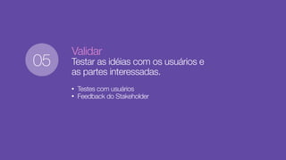Validar
Testar as idéias com os usuários e
as partes interessadas.
• Testes com usuários
• Feedback do Stakeholder
05
 