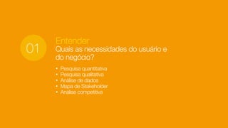 Entender
Quais as necessidades do usuário e
do negócio?
• Pesquisa quantitativa
• Pesquisa qualitativa
• Análise de dados
• Mapa de Stakeholder
• Análise competitiva
01
 