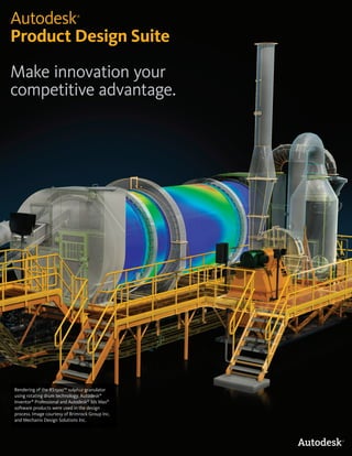 Autodesk                      ®




Product Design Suite

Make innovation your
competitive advantage.




Rendering of the RS1500™ sulphur granulator
using rotating drum technology. Autodesk®
Inventor® Professional and Autodesk® 3ds Max®
software products were used in the design
process. Image courtesy of Brimrock Group Inc.
and Mechanix Design Solutions Inc.
 