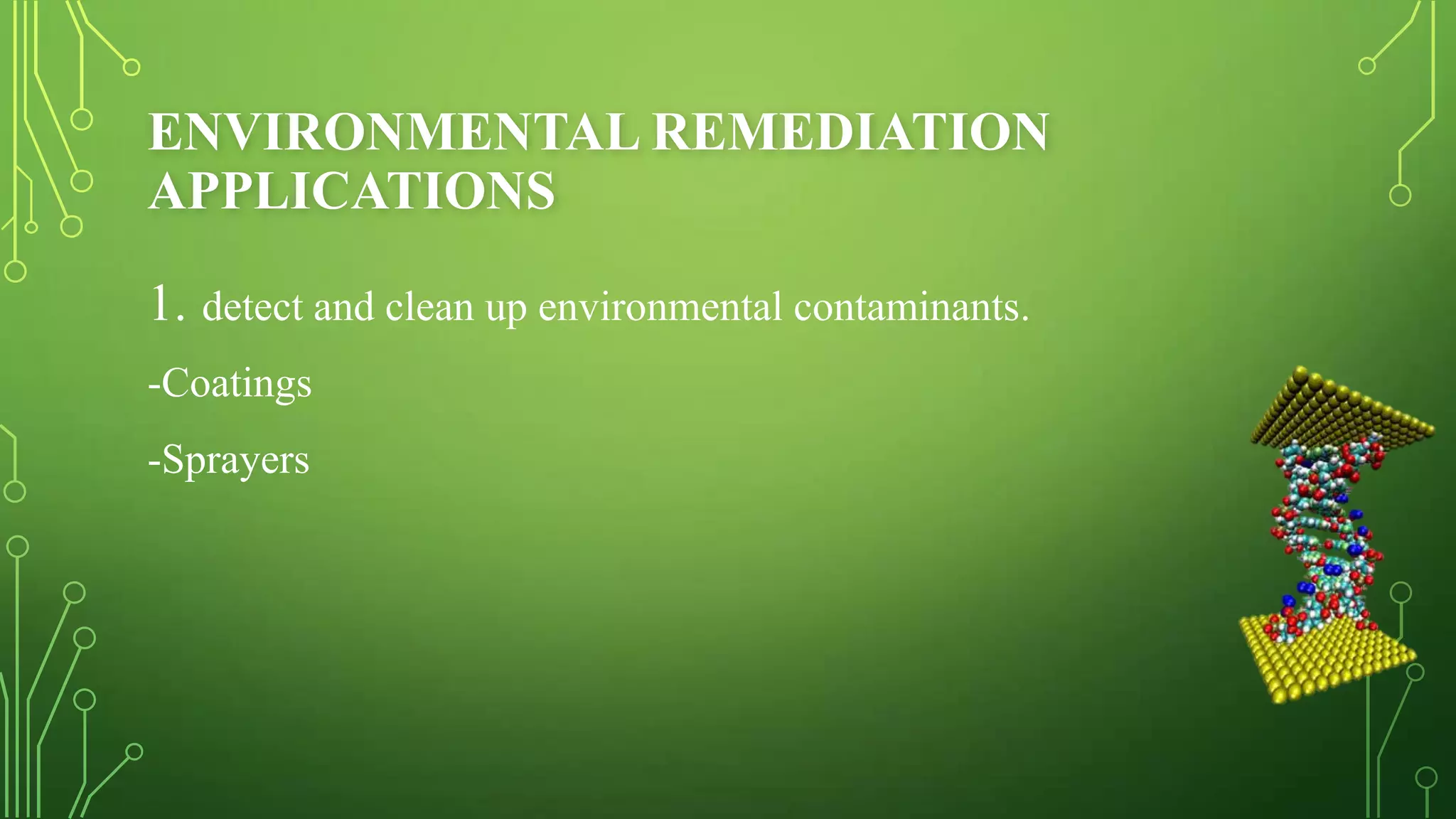 ENVIRONMENTAL REMEDIATION
APPLICATIONS
1. detect and clean up environmental contaminants.
-Coatings

-Sprayers

 