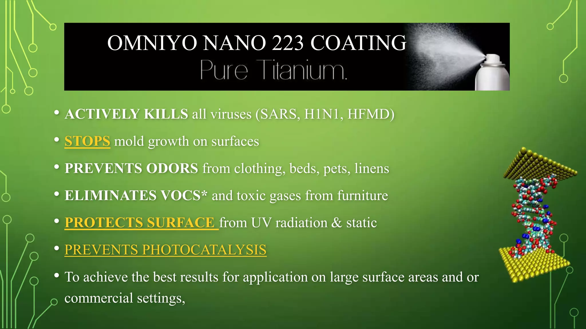 OMNIYO NANO 223 COATING
• ACTIVELY KILLS all viruses (SARS, H1N1, HFMD)
• STOPS mold growth on surfaces
• PREVENTS ODORS from clothing, beds, pets, linens
• ELIMINATES VOCS* and toxic gases from furniture
• PROTECTS SURFACE from UV radiation & static
• PREVENTS PHOTOCATALYSIS
• To achieve the best results for application on large surface areas and or
commercial settings,

 