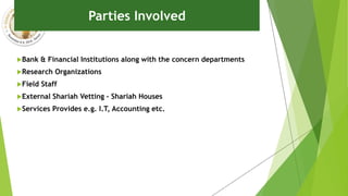 Bank & Financial Institutions along with the concern departments
Research Organizations
Field Staff
External Shariah Vetting – Shariah Houses
Services Provides e.g. I.T, Accounting etc.
Parties Involved
 