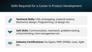 11
Skills Required for a Career in Product Development
Technical Skills: CAD, prototyping, material science,
Electronics design, Programming, UI design etc.
Soft Skills: Communication, teamwork, problem-solving,
critical thinking, time management etc.
Industry Certifications: Six Sigma, PMP, DFMEA, Lean, Agile
etc.
 