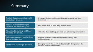 14
Summary
• It involves design, engineering, business strategy, and user
experience
Product Development is a multi-
disciplinary process.
• PMs decide what to build, why, and for whom
Product Management aligns
technical and business goals.
• Without a clear roadmap, products can fail due to poor execution
Planning, Budgeting, and Road
mapping are crucial.
• Practical experience, real-world problem-solving, and
collaboration are key
Industry Expectations differ from
Academic Learning.
• Emerging trends like AI, IoT, and sustainable design shape the
future of product development
Continuous learning is essential.
 