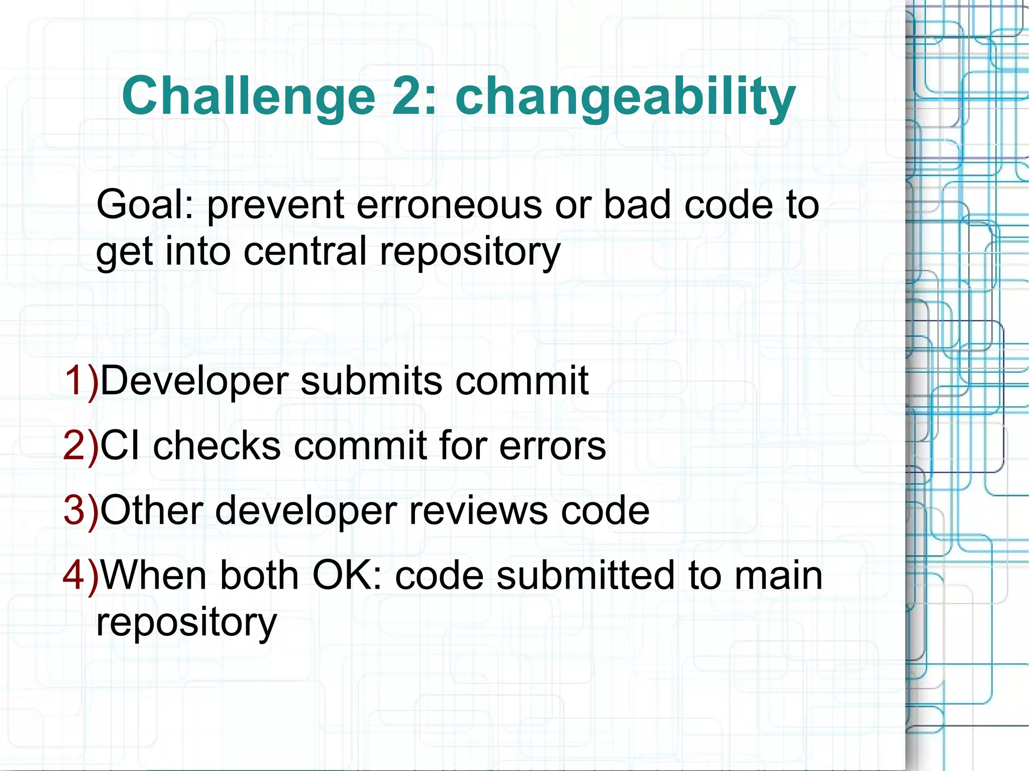 Challenge 2: changeability
Goal: prevent erroneous or bad code to
get into central repository
1)Developer submits commit
2)CI checks commit for errors
3)Other developer reviews code
4)When both OK: code submitted to main
repository
 