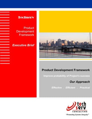 Techserv


      Product
  Development
   Framework


Executive Brief




                  Product Development Framework
                   Improve probability of Project’s success

                                          Our Approach
                         Effective . Efficient . Practical




                                      “Promoting Systems Integrity”
 