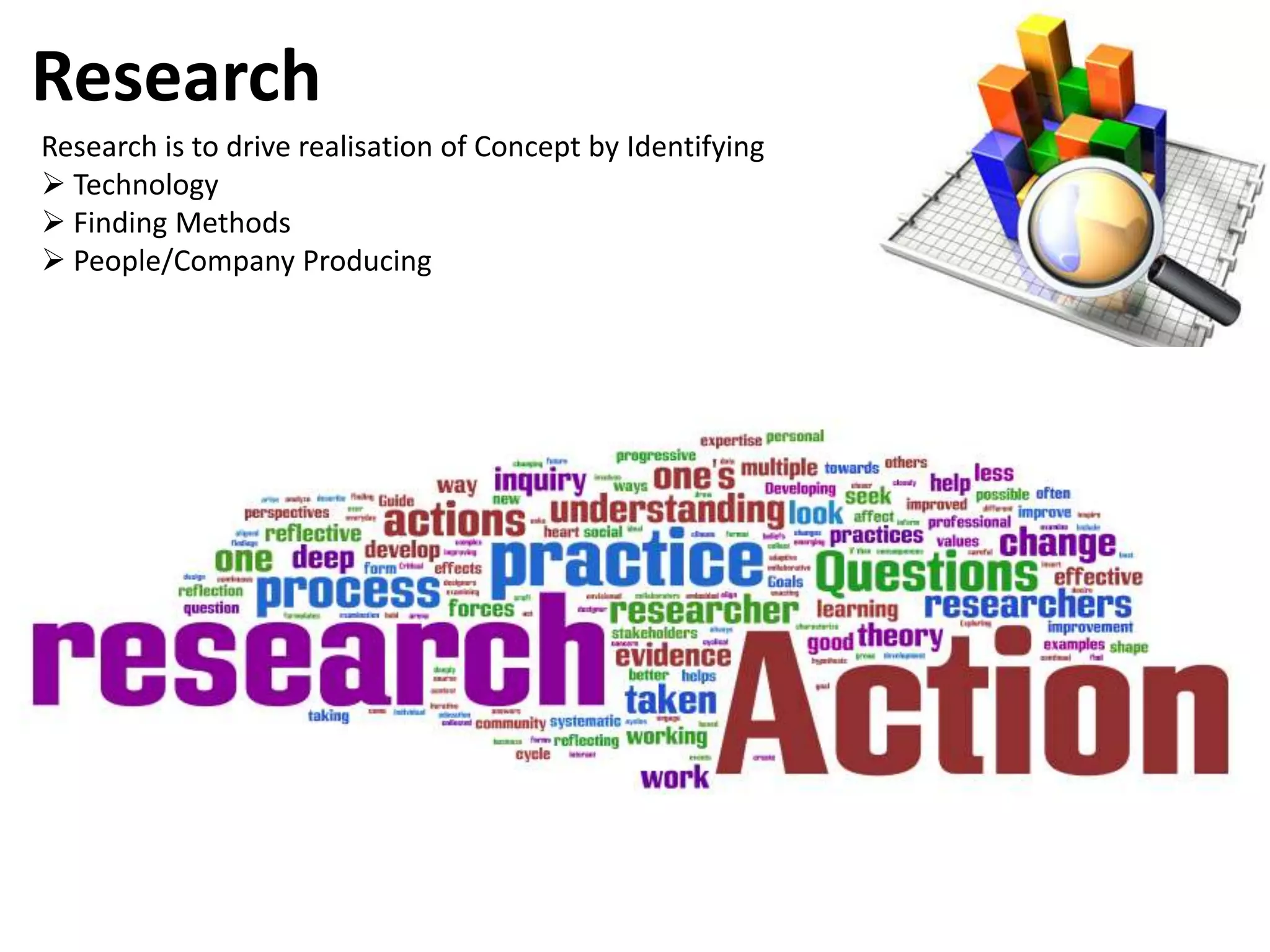 Research
Research is to drive realisation of Concept by Identifying
 Technology
 Finding Methods
 People/Company Producing
 
