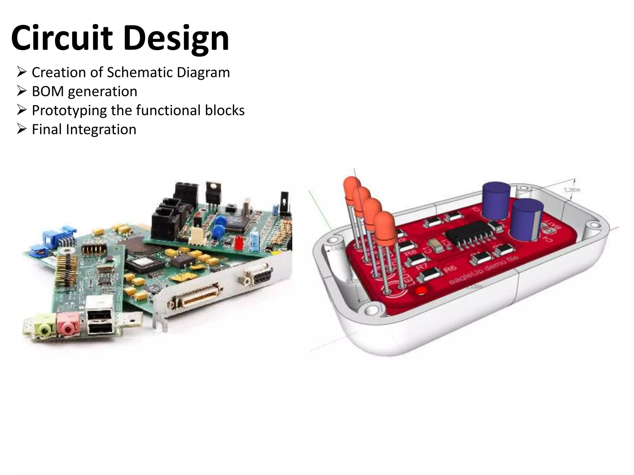 Circuit Design
 Creation of Schematic Diagram
 BOM generation
 Prototyping the functional blocks
 Final Integration
 