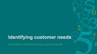 Identifying customer needs
survey form is distributed among a group of people
 