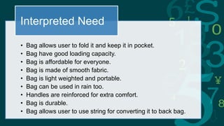 • Bag allows user to fold it and keep it in pocket.
• Bag have good loading capacity.
• Bag is affordable for everyone.
• Bag is made of smooth fabric.
• Bag is light weighted and portable.
• Bag can be used in rain too.
• Handles are reinforced for extra comfort.
• Bag is durable.
• Bag allows user to use string for converting it to back bag.
Interpreted Need
 