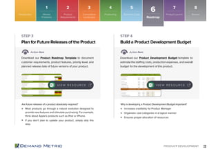 22PRODUCT DEVELOPMENT
Most products go through a natural evolution designed to
provide new features and stimulate purchasing. For example,
think about Apple’s products such as iPod or iPhone.
If you don’t plan to update your product, simply skip this
step.
Increases credibility for Product Manager
Organizes cost categories in a logical manner
Ensures proper allocation of resources
Plan for Future Releases of the Product Build a Product Development Budget
STEP 3 STEP 4
Action Item Action Item
Download our Product Roadmap Template to document
customer requirements, product features, priority level, and
planned release date of future versions of your product.
Download our Product Development Budget template to
estimate the staffing costs, production expenses, and overall
budget for the development of this product.
Are future releases of a product absolutely required? Why is developing a Product Development Budget important?
V I E W R E S O U R C E
Roadmap
6Introduction Market
Problems
1
Product
Requirements
2
Competitive
Landscape
3
Positioning
4
Product Launch
7
Business Case
5
Review
8
V I E W R E S O U R C E
 