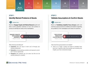 8PRODUCT DEVELOPMENT
Customers who are easy to reach out to through your
existing relationship.
Evaluators actively seeking a solution and represent a short-
term revenue opportunity.
Prospects with problems you can solve, but who are not
actively looking for a solution.
There is no “magic” number, but expect to facilitate more
than one. In general, when focus groups quit revealing new
insights, you have conducted enough.
Identify Market Problems & Needs Validate Assumptions & Conﬁrm Needs
STEP 1 STEP 2
Action Item Action Item
Read our Engage Targets with Market Research guide and
talk to some potential customers of your new product or
service to identify the needs of the marketplace.
Read our Facilitating Insightful Focus Groups guide and
host focus group sessions to validate assumptions regarding
the problems in the marketplace and needs of customers.
Who should you be talking to? How many focus group sessions are needed?
Market
Problems
1
Introduction Product
Requirements
2
Competitive
Landscape
3
Roadmap
6
Positioning
4
Product Launch
7
Business Case
5
Review
8
ENGAGE TARGETS
WITH MARKET
RESEARCH
How-to Guide
FACILITATING
INSIGHTFUL
FOCUS GROUPS
How-to Guide
V I E W R E S O U R C E V I E W R E S O U R C E
 