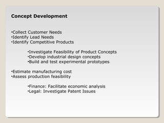 Concept Development
•Collect Customer Needs
•Identify Lead Needs
•Identify Competitive Products
•Investigate Feasibility of Product Concepts
•Develop industrial design concepts
•Build and test experimental prototypes
•Estimate manufacturing cost
•Assess production feasibility
•Finance: Facilitate economic analysis
•Legal: Investigate Patent Issues
 