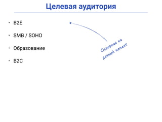 Целевая аудитория
• B2E
• SMB / SOHO
• Образование
• B2С
 