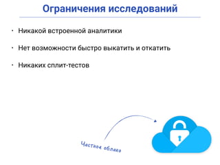 Ограничения исследований
• Никакой встроенной аналитики
• Нет возможности быстро выкатить и откатить
• Никаких сплит-тестов
 
