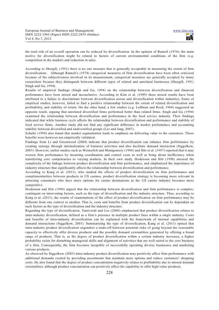 diversification and firm performance This study aimed to investigate the relationship between corporate diversification and firm performance in a developing country previous studies have found. diversification and firm performance This study aimed to investigate the relationship between corporate diversification and firm performance in a developing country previous studies have found.