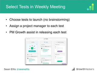 Select Tests in Weekly Meeting
• Choose tests to launch (no brainstorming)
• Assign a project manager to each test
• PM Growth assist in releasing each test
 