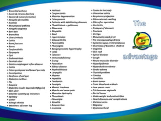 • Bronchial asthma                      • Halitosis                             • Toxins in the body
• Acute & chronic diarrhea              • Conjunctivitis                        • Ulcerative colitis
• Cancer & tumor formation              • Macular degeneration                  • Respiratory infection
• Atrophic dermatitis                   • Osteoporosis                          • Piles-external swelling
• Anemia                                • Patients with debilitating diseases   • Piles after operation
• Rheumatoid arthritis                  • Cholelithiasis – gallstones           • Urethritis
• Atrophic vaginitis                    • Glaucoma                              • Prolapse of stomach
• Beri-beri                             • Gingivitis                            • Psoriasis
• Bronchitis                            • Gout                                  • Vertigo
• Liver cirrhosis                       • Hypertension                          • Rheumatic heart fever
• Colitis                               • Osteoarthritis                        • Pre-menopausal syndrome
• Bone fracture                         • Pancreatitis                          • Systemic lupus erythromatosus
• Burns                                 • Pharyngitis                           • Shortness of breath in children
• Conjunctivitis                        • Benign prostatic hypertrophy          • Vaginitis
• Dyspepsia                             • Colds                                 • Skin rash
• Cyst                                  • Cataract                              • Spinal diseases
• Endometriosis                         • Immunodeficiency                      • Cough
• Cervical ulcer                        • Scurvy                                • Neuro-muscular disorder
• Gastro-esophageal reflux disease      • Parasitism                            • Hyperlipidemia
• Colitis                               • Kidney disease                        • Hypercholesterolemia
• Colon prolapsed and bowel pockets     • Nephrolithiasis                       • Stroke edema
• Constipation                          • Laryngitis                            • Thyroid problem
• Deafness of old age                   • Myoma                                 • Tinnitus
• Diabetes mellitus                     • Hepatitis                             • Tonsillitis
• Flu                                   • Tendonitis                            • Brain tumor
• Ecopora                               • Paralysis                             • Toxic blood and acidosis
• Diabetes-insulin dependent (Type I)   • Mental tiredness                      • Low sperm count
• Skin ulcer                            • Muscle and nerve pain                 • Trichomonas vaginalis
• Enteritis-swelling of intestines      • Muscular dystrophy                    • Rectal tumor
• Epilepsy                              • Thrombosis                            • Underweight and malnutrition
• Goiter                                • Neuralgia                             • Heart diseases and complications
• Allergic rhinitis                     • Sinusitis                             • Varicose veins
• Weakness of lower leg                 • Amenorrhea                            • Migraine
                                        • Insomnia                              • Dysmenorrheal
 