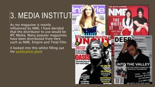 2. REPRESENTING PARTICULAR SOCIAL
GROUPSMy magazine is aimed at teenagers who are interested in
indie rock music. By looking at Q and NME, I found a way to
appeal to a target audience and fit the music genre into my
own magazine (Target audience-NME research 1 & 2).
Cover Star
My cover star ‘Lily of the Valley’ is portrayed as a troubled
and mysterious man through the images I have of him. This
does not conform to the usual stereotype of a male as they
are usually shown as strong-minded and have a lack of
emotion.
 