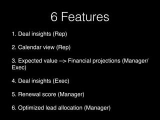 6 Features
1. Deal insights (Rep)
2. Calendar view (Rep)
3. Expected value --> Financial projections (Manager/
Exec)
4. De...