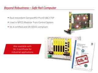 20
Beyond Robustness – Safe Rail Computer
 Dual-redundant CompactPCI PlusIO SBC F75P
 Used in MTCS Modular Train Control System
 SIL 4 certified and EN 50155 compliant
Also available with
SIL 3 certificate for
industrial applications
 