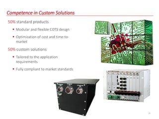 50% standard products
 Modular and flexible COTS design
 Optimization of cost and time-to-
market
50% custom solutions
 Tailored to the application
requirements
 Fully compliant to market standards
22
Competence in Custom Solutions
 