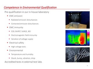 23
Competence in Environmental Qualification
Pre-qualification in our in-house laboratory
 EMC emission
 Radiated emission disturbances
 Contacted emission disturbances
 EMC immunity
 ESD, BURST, SURGE, BCI
 Electromagnetic field immunity
 Variation of voltage supply
 Electrical safety
 High voltage tests
 Environmental
 Temperature and humidity
 Shock, bump, vibration, drop
Accredited tests in external test labs
 