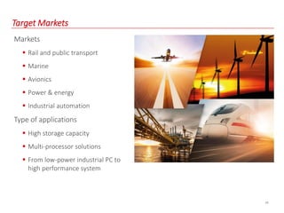 Target Markets
Markets
 Rail and public transport
 Marine
 Avionics
 Power & energy
 Industrial automation
Type of applications
 High storage capacity
 Multi-processor solutions
 From low-power industrial PC to
high performance system
24
 
