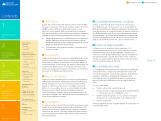 15 de 35
1
Microsoft Dynamics
NAV
3
Paquete de
funcionalidades de
Microsoft Dynamics
NAV 2015
2
Cómo comprar
Microsoft Dynamics
NAV 2015
4
Capacidades del
producto en
Microsoft Dynamics
NAV 2015
5
Recursos de Microsoft
Contenido
El Paquete de inicio El Paquete extendido
XBRL básico
Exporte documentos de Microsoft Dynamics NAV en el formato XBRL
(Lenguaje ampliado para informes comerciales) e importe taxonomías
de XBRL en Microsoft Dynamics NAV desde Internet, el correo
electrónico u otros sistemas. XBRL es una especificación basada en
XML que usa estándares de informes financieros aceptados basados en
etiquetas de datos subyacentes estandarizadas. El módulo incluye:
 Capacidad de relacionar la contabilidad general con taxonomías
de XBRL para que la misma instancia de documento XBRL se
pueda usar para diversos fines, independientemente del formato
exigido por el destinatario del documento
 Compatibilidad con la especificación XBRL 2.1 publicada por el
consorcio de XBRL
Presupuestos
Trabaje con presupuestos en cuentas de contabilidad general. Una vez
creado un presupuesto, puede imprimir un balance que muestre las
desviaciones con respecto al presupuesto en porcentajes. Trabaje con
varios presupuestos al mismo tiempo. Por ejemplo, puede trabajar con
un presupuesto del 100 por cien, un presupuesto del 110 por ciento,
etcétera. Los presupuestos se registran normalmente por período para
las cuentas de contabilidad general pertinentes.
Registro de cambios
Registre los cambios realizados por los usuarios en los datos maestros
de Microsoft Dynamics NAV. Puede registrar todas las modificaciones
directas realizadas por un usuario en los datos de la base de datos,
excepto los cambios en los “documentos de trabajo” como diarios,
pedidos de venta y pedidos de compra. La funcionalidad de registro
de cambios permite obtener una lista cronológica de todos los
cambios realizados en cualquier campo de una tabla (excepto en los
“documentos de trabajo” que acabamos de mencionar) e identificar por
id. de usuario quién hizo los cambios.
Consolidación
Consolide empresas en Microsoft Dynamics NAV. Las empresas pueden
provenir de una o varias bases de datos de Microsoft Dynamics NAV
diferentes u otros archivos, y puede importar y exportar información
financiera en este módulo. Si los datos usados se recuperan de varias
soluciones de Microsoft Dynamics NAV, use este módulo únicamente
en la empresa matriz.
Contabilidad de empresas vinculadas
Gestione la contabilidad de varias empresas en el mismo proceso
de contabilización. Las empresas pueden estar en la misma base de
datos de Microsoft Dynamics NAV o en una diferente. También puede
enviar documentos a las empresas asociadas. Los usuarios controlan el
flujo de documentos a través de una función de bandeja de entrada/
bandeja de salida, y las transacciones se realizan como transacciones
de asientos generales o a través de cuentas por cobrar y cuentas por
pagar, lo que permite el uso de divisas y una conciliación correcta.
Centros de responsabilidad
Configure centros de beneficios y/o centros de costes. Una
empresa puede vender productos con precios específicos que estén
relacionados con un centro de responsabilidad. Puede asociar un
usuario a un centro de responsabilidad para que solo se muestren los
documentos de ventas y compras relacionados con ese usuario en
concreto. Los usuarios obtienen ayuda al introducir datos adicionales,
como dimensiones y códigos de ubicación.
Contabilidad de costes
La contabilidad de costes proporciona un medio eficaz de controlar los
costes de la empresa al proporcionar visibilidad e información sobre
los costes presupuestados y reales de las operaciones, departamentos,
productos y proyectos. La contabilidad de costes sincroniza la
información de costes con la contabilidad general y, a continuación,
asigna esa información a diferentes centros de costes y objetos de
costes.
Con este módulo puede:
 Transferir costes desde contabilidad general
 Introducir y registrar cargos internos y asignaciones directamente
en el asiento de costes de contabilidad de costes
 Predefinir reglas de asignación de costes periódicas en tarjetas
de asignación de costes y ejecutarlas en un trabajo por lotes
 Deshacer asignaciones
Definir presupuestos de costes y transferir asientos de presupuestos de
costes a asientos reales.
Administración
financiera
 General
 Activos fijos
 Tesorería
Administración de
cadenas de suministros
 Ventas y cuentas
por cobrar
 Impuestos sobre las
ventas
 Compras y cuentas
por pagar
 Inventario
 Gestión de almacenes
	
Fabricación
 Fabricación básica
 Fabricación ágil
 Planificación del
suministro
 Planificación de
capacidad
Administración de
proyectos
 Recursos
Ventas, marketing y
gestión de servicios
Ventas y marketing
 Gestión de servicios
Administración de
recursos humanos (hrm)
	
Idiomas
Configuración y
desarrollo
 Objetos de aplicación
 Otro
 Módulos locales
 