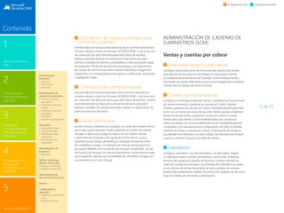 17 de 35
1
Microsoft Dynamics
NAV
3
Paquete de
funcionalidades de
Microsoft Dynamics
NAV 2015
2
Cómo comprar
Microsoft Dynamics
NAV 2015
4
Capacidades del
producto en
Microsoft Dynamics
NAV 2015
5
Recursos de Microsoft
Contenido
El Paquete de inicio El Paquete extendido
Conciliación de transacciones bancarias
entrantes y salientes
Importe datos de transacciones bancarias de los archivos electrónicos
enviados desde su banco en formato ISO20022/SEPA, o use el servicio
de conversión de datos bancarios para otros tipos de archivos.
Aplique automáticamente las transacciones bancarias para abrir
asientos contables de clientes y proveedores y cree sus propias reglas
de asignación. Revise las aplicaciones propuestas y las asignaciones
de cuentas de una forma sencilla e intuitiva. Modifique el algoritmo
subyacente a la correspondencia de registros modificando, eliminando
o agregando reglas.
Conciliación de cuentas bancarias
Importe datos de extractos bancarios de los archivos electrónicos
enviados desde su banco en formato ISO20022/SEPA, o use el servicio
de conversión de datos bancarios para otros tipos de archivos. Concilie
automáticamente los datos de los extractos bancarios para abrir
asientos contables de cuentas bancarias y realizar un seguimiento de
todos los extractos bancarios.
Emisión de cheques
Genere cheques impresos por el equipo con series de números únicos
para cada cuenta bancaria. Puede especificar en la línea del asiento
de pago si desea que el pago se realice con un cheque manual
o generado por el equipo. Esto ayuda al control interno, ya que
garantiza que el cheque generado por el equipo se imprima antes
de contabilizar el pago. La impresión de cheques incluye opciones
de usuario flexibles como anulación de cheques, reimpresión, uso de
formularios de cheques con talones preimpresos, comprobación antes
de la impresión, además de la posibilidad de consolidar los pagos de
un proveedor en un solo cheque.
ADMINISTRACIÓN DE CADENAS DE
SUMINISTROS (SCM)
Ventas y cuentas por cobrar
Direcciones de envío alternativas
Configure varias direcciones de envío para dar cabida a los clientes
que además de una dirección de trabajo principal tienen más de
un emplazamiento donde enviar el pedido. Estos emplazamientos
adicionales los puede seleccionar la persona encargada de los pedidos
cuando crea un pedido de venta o factura.
Cuentas por cobrar básicas
Configure y mantenga la tabla de clientes. Contabilice las transacciones
de ventas en asientos y gestione las cuentas por cobrar; registre
clientes y gestione las cuentas por cobrar mediante asientos generales.
Junto con el módulo de varias divisas, este módulo puede contabilizar
transacciones de ventas y gestionar cuentas por cobrar en varias
divisas para cada cliente. La funcionalidad básica de cuentas por
cobrar se integra con la funcionalidad básica de contabilidad general
e inventario, y es necesaria para la configuración de todos los demás
módulos de ventas y cuentas por cobrar. La facturación de ventas se
usa también normalmente con este módulo. Use siempre este módulo
cuando su solución requiera una tabla de clientes.
Calendarios
Configure calendarios con días laborables y no laborables. Asigne
un calendario base a clientes, proveedores, ubicaciones, empresas,
servicios de transporte y gestión de servicios, y realice cambios en
cada uno cuando sea necesario. Las entradas del calendario se usarán
en los cálculos de fechas de pedidos de venta, pedidos de compra,
pedidos de transferencia, órdenes de producción, pedidos de servicio y
hojas de trabajo de solicitudes y planificación.
Administración
financiera
 General
 Activos fijos
 Tesorería
Administración de
cadenas de suministros
 Ventas y cuentas
por cobrar
 Impuestos sobre las
ventas
 Compras y cuentas
por pagar
 Inventario
 Gestión de almacenes
	
Fabricación
 Fabricación básica
 Fabricación ágil
 Planificación del
suministro
 Planificación de
capacidad
Administración de
proyectos
 Recursos
Ventas, marketing y
gestión de servicios
Ventas y marketing
 Gestión de servicios
Administración de
recursos humanos (hrm)
	
Idiomas
Configuración y
desarrollo
 Objetos de aplicación
 Otro
 Módulos locales
 