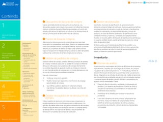 20 de 35
1
Microsoft Dynamics
NAV
3
Paquete de
funcionalidades de
Microsoft Dynamics
NAV 2015
2
Cómo comprar
Microsoft Dynamics
NAV 2015
4
Capacidades del
producto en
Microsoft Dynamics
NAV 2015
5
Recursos de Microsoft
Contenido
El Paquete de inicio El Paquete extendido
Descuentos de facturas de compra
Calcule automáticamente los descuentos de las facturas. Los
descuentos pueden variar según el proveedor con diferentes importes
mínimos (y distintas divisas) y diferentes porcentajes, en función del
tamaño de la factura. El descuento se calcula en las distintas líneas de
artículo y forma parte del descuento neto de la factura.
Precios de línea de compras
Administre los distintos precios de compra de artículos que haya
negociado con proveedores particulares, basados en parámetros tales
como una cantidad mínima, la unidad de medida, la divisa, la variante
del artículo y el período de tiempo. El mejor coste unitario (el más
bajo) se incorpora en la línea de compras cuando los datos del pedido
satisfacen las condiciones de la tabla de precios de compras.
Gestión de pedidos de compra
Gestione ofertas de compra, pedidos abiertos y procesos de pedidos
de compra. El método para crear un pedido de compra es diferente
del que se utiliza para crear una factura de compra directamente.
La cantidad disponible se ajusta en cuanto se introduce el importe
en una línea del pedido de compra, pero no resulta afectada por una
factura de compra hasta que esta se contabiliza.
Use este módulo para:
 Gestionar recepciones parciales
 Recibir y facturar por separado y crear facturas de prepago
para el pedido de compra
 Usar ofertas y pedidos abiertos en la fase de compras.
(Las ofertas y los pedidos abiertos no afectan a las cifras del
inventario).
Gestión de pedidos de de devolución de
compra
Cree un pedido de devolución de compras para compensar a su
propia empresa por los artículos equivocados o defectuosos. Los
artículos se pueden seleccionar del pedido de devolución de compras.
Puede configurar envíos de devolución parciales o combinar envíos
de devolución en una sola nota de abono y vincular pedidos de
devolución con pedidos de compra de sustitución.
Gestión de solicitudes
Automatice el proceso de planificación de aprovisionamiento
utilizando la hoja de trabajo de solicitudes. Genere sugerencias óptimas
para reaprovisionar el inventario a través de compras y transferencias
basadas en la demanda y la disponibilidad actuales y futuras del
producto, así como de distintos parámetros de planificación como
cantidades mínimas y máximas y cantidades de reabastecimiento.
Muestre un resumen gráfico del impacto de planificación y permita que
los usuarios cambien el plan usando la técnica de arrastrar y colocar
antes de ejecutar el plan.
También puede usar el módulo de planificación de pedidos: una
herramienta simplificada de planificación del suministro que permite
planificar el suministro de todos los tipos de demanda pedido por
pedido, sin tener en cuenta la optimización.
Inventario
Informes de análisis
Proporcione a los responsables de la toma de decisiones de la empresa,
especialmente a aquellos que se encargan de las ventas, las compras
y la gestión de la cartera de productos, un medio eficaz y flexible de
obtener información útil del sistema para fundamentar sus decisiones
diarias. Integrado en las entradas de artículo, este módulo proporciona
una vista analítica personalizable que permite a los empleados agregar
y combinar objetos de análisis (clientes, artículos y proveedores) de
acuerdo con sus necesidades. Puede:
 Presentar cifras en importes y cantidades y compararlas por
períodos y con respecto al presupuesto Cuando las cifras se
incluyen en una fórmula, se convierten en un indicador del
rendimiento de la empresa.
 Profundizar en los detalles para localizar la causa de los
problemas
 Consultar la dinámica de ventas; analizar la facturación de
inventario; evaluar los hábitos de compra de los clientes;
identificar tendencias; reconsiderar las ofertas, precios y
proveedores de productos; y tomar decisiones empresariales
contrastadas.
Administración
financiera
 General
 Activos fijos
 Tesorería
Administración de
cadenas de suministros
 Ventas y cuentas
por cobrar
 Impuestos sobre las
ventas
 Compras y cuentas
por pagar
 Inventario
 Gestión de almacenes
	
Fabricación
 Fabricación básica
 Fabricación ágil
 Planificación del
suministro
 Planificación de
capacidad
Administración de
proyectos
 Recursos
Ventas, marketing y
gestión de servicios
Ventas y marketing
 Gestión de servicios
Administración de
recursos humanos (hrm)
	
Idiomas
Configuración y
desarrollo
 Objetos de aplicación
 Otro
 Módulos locales
 