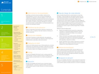 22 de 35
1
Microsoft Dynamics
NAV
3
Paquete de
funcionalidades de
Microsoft Dynamics
NAV 2015
2
Cómo comprar
Microsoft Dynamics
NAV 2015
4
Capacidades del
producto en
Microsoft Dynamics
NAV 2015
5
Recursos de Microsoft
Contenido
El Paquete de inicio El Paquete extendido
Administración de ensamblados
Especifique una lista de artículos vendibles, materias primas,
subensamblados y recursos como una lista de ensamblado de
materiales que contenga un producto acabado o un kit. Use los
pedidos de ensamblado para reaprovisionar artículos de ensamblado
que se vayan a almacenar o para atender los requisitos especiales
de un cliente con respecto a la lista de materiales de un kit desde
una oferta de ventas, un pedido abierto y una línea de pedido en los
procesos de ensamblado a pedido.
Transferencias de ubicación
Realice un seguimiento del inventario conforme se mueve de una
ubicación a otra y contabilice el valor del inventario en tránsito y en
distintas ubicaciones.
Ubicaciones múltiples
Administre el inventario en varias ubicaciones, como plantas de
producción, centros de distribución, almacenes, salas de exposición,
establecimientos comerciales y vehículos de servicio.
Productos sin stock
Ofrezca a los clientes productos que no formen parte de su inventario
habitual pero que pueda pedir al proveedor o fabricante de manera
puntual. Estos productos se registran como productos sin stock, pero
por lo demás se tratan como cualquier otro producto.
Picking
Permita a los empleados del almacén crear un picking a partir del
pedido liberado. El picking se gestiona desde una interfaz de usuario
distinta cuando se envían artículos en un entorno de pedido por
pedido.
Ubicación
Permita a los empleados del almacén crear una ubicación desde
el pedido liberado. La ubicación se gestiona desde una interfaz de
usuario distinta cuando se reciben artículos en un entorno de pedido
por pedido.
Hoja de trabajo de coste estándar
Revise y actualice eficazmente los costes estándar con esta hoja
de trabajo. La hoja de trabajo de coste estándar proporciona a los
interventores de la empresa una forma fiable y eficaz de mantener
costes de inventario precisos y actualizados. Trabaje con las
actualizaciones de costes estándar del mismo modo que trabaja con
una hoja de cálculo Excel, pero en la plataforma de Microsoft Dynamics
NAV. Como la hoja de trabajo proporciona una visión general de
los costes estándar actuales, es el lugar perfecto para preparar una
actualización de costes sin que los cambios tengan efecto inmediato
en el sistema.
Mediante la hoja de trabajo puede:
 Realizar las actualizaciones de costes de los componentes
comprados y la capacidad mediante diferentes criterios de
ordenación en varias hojas de trabajo a la vez y después
consolidarlas en una sola
 Obtener información que puede ayudarle a identificar y evitar
errores potenciales al simular el coste del artículo fabricado
ocasionados por cambios en el coste de los componentes y uso
de la capacidad, y después ver el efecto
 Ayudar a garantizar que los cambios se ejecutan en una fecha
determinada y que cualquier revalorización resultante de los
cambios en los costes se gestiona en el sistema
Referencias de almacén
Gestione referencias de almacén (SKU). Artículos idénticos con el
mismo número de artículo se pueden almacenar en ubicaciones
diferentes y gestionarse individualmente en cada ubicación. Añada
precios de coste, información de reaprovisionamiento y facturación,
etc., en función de la ubicación.
Recepción en almacén
Permita a los empleados del almacén crear una ubicación a partir de la
recepción. La recepción en almacén se gestiona desde una interfaz de
usuario distinta cuando se reciben artículos en un entorno multipedido.
Administración
financiera
 General
 Activos fijos
 Tesorería
Administración de
cadenas de suministros
 Ventas y cuentas
por cobrar
 Impuestos sobre las
ventas
 Compras y cuentas
por pagar
 Inventario
 Gestión de almacenes
	
Fabricación
 Fabricación básica
 Fabricación ágil
 Planificación del
suministro
 Planificación de
capacidad
Administración de
proyectos
 Recursos
Ventas, marketing y
gestión de servicios
Ventas y marketing
 Gestión de servicios
Administración de
recursos humanos (hrm)
	
Idiomas
Configuración y
desarrollo
 Objetos de aplicación
 Otro
 Módulos locales
 