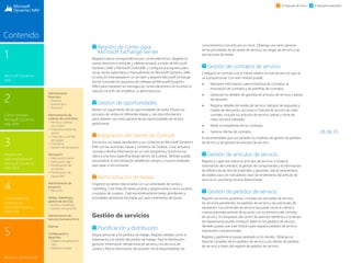 26 de 35
1
Microsoft Dynamics
NAV
3
Paquete de
funcionalidades de
Microsoft Dynamics
NAV 2015
2
Cómo comprar
Microsoft Dynamics
NAV 2015
4
Capacidades del
producto en
Microsoft Dynamics
NAV 2015
5
Recursos de Microsoft
Contenido
El Paquete de inicio El Paquete extendido
Registro de correo para
Microsoft Exchange Server
Registre toda la correspondencia por correo electrónico. Registre el
correo electrónico entrante y saliente enviado a través de Microsoft
Dynamics NAV o Microsoft Outlook®, y configure el programa para
iniciar sesión automática o manualmente en Microsoft Dynamics NAV.
La solución está basada en un servidor y requiere Microsoft Exchange
Server (consulte los requisitos de software de Microsoft Dynamics
NAV) para mantener los mensajes de correo electrónico en su entorno
natural con el fin de simplificar su administración.
Gestión de oportunidades
Realice un seguimiento de las oportunidades de venta. Divida sus
procesos de ventas en diferentes etapas y use esta información
para obtener una visión general de las oportunidades de venta y
gestionarlas.
Integración del cliente de Outlook
Sincronice sus tareas pendientes y sus contactos en Microsoft Dynamics
NAV con las reuniones, tareas y contactos de Outlook. Cree, actualice,
cancele y elimine información en un solo programa y sincronice los
datos a una hora específica desde dentro de Outlook. También puede
personalizar la sincronización añadiendo campos o nuevas entidades
que vayan a sincronizarse.
Administración de tareas
Organice las tareas relacionadas con sus actividades de ventas y
marketing. Cree listas de tareas propias y asigne tareas a otros usuarios
o equipos de usuarios. Cree automáticamente tareas pendientes y
actividades periódicas formadas por varios elementos de tareas.
Gestión de servicios
Planificación y distribución
Asigne personal a los pedidos de trabajo. Registre detalles como el
tratamiento y el estado del pedido de trabajo. Para la distribución,
gestione información del personal de servicio y los técnicos de
campo y filtre la información de acuerdo con la disponibilidad, los
conocimientos y los artículos en stock. Obtenga una visión general
de las prioridades de las tareas de servicio, las cargas de servicio y las
derivaciones de tareas.
Gestión de contratos de servicio
Configure un contrato con el cliente relativo al nivel de servicio que se
va a proporcionar. Con este módulo puede:
 Mantener información sobre el historial de contratos, la
renovación de contratos y las plantillas de contratos
 Gestionar los detalles de garantía de artículos de servicio y piezas
de repuesto
 Registrar detalles de niveles de servicio, tiempos de respuesta y
niveles de descuento, así como el historial de servicio de cada
contrato, incluido los artículos de servicio, piezas y horas de
mano de obra utilizados
 Medir la rentabilidad de los contratos
 Generar ofertas de contratos.
Es recomendable que use también los módulos de gestión de pedidos
de servicio y de gestión de artículos de servicio.
Gestión de artículos de servicio
Registre y supervise todos los artículos de servicio, incluida la
información de contratos, la gestión de componentes y la información
de referencias de lista de materiales y garantías. Use la característica
de análisis para ver indicadores clave de rendimiento del artículo de
servicio en una franja horaria determinada.
Gestión de pedidos de servicio
Registre sus envíos postventa, incluidas las solicitudes de servicio,
los servicios pendientes, los pedidos de servicio y las solicitudes de
reparación. Las solicitudes de servicio las puede iniciar el cliente o
crearse automáticamente de acuerdo con los términos del contrato
de servicio. Un empleado del centro de atención telefónica o la tienda
de reparaciones puede introducir datos en los pedidos de servicio.
También puede usar este módulo para registrar pedidos de servicio
imprevistos o excepcionales.
Registre y gestione el equipo prestado a los clientes. Obtenga un
historial completo de los pedidos de servicio y las ofertas de pedidos
de servicio a través del registro de pedidos de servicio.
Administración
financiera
 General
 Activos fijos
 Tesorería
Administración de
cadenas de suministros
 Ventas y cuentas
por cobrar
 Impuestos sobre las
ventas
 Compras y cuentas
por pagar
 Inventario
 Gestión de almacenes
	
Fabricación
 Fabricación básica
 Fabricación ágil
 Planificación del
suministro
 Planificación de
capacidad
Administración de
proyectos
 Recursos
Ventas, marketing y
gestión de servicios
Ventas y marketing
 Gestión de servicios
Administración de
recursos humanos (hrm)
	
Idiomas
Configuración y
desarrollo
 Objetos de aplicación
 Otro
 Módulos locales
 