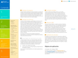 28 de 35
1
Microsoft Dynamics
NAV
3
Paquete de
funcionalidades de
Microsoft Dynamics
NAV 2015
2
Cómo comprar
Microsoft Dynamics
NAV 2015
4
Capacidades del
producto en
Microsoft Dynamics
NAV 2015
5
Recursos de Microsoft
Contenido
El Paquete de inicio El Paquete extendido
Diseñador de páginas
Cambie las páginas existentes (las ventanas mostradas en la pantalla para
el registro y la consulta de datos) y cree 100 objetos de página (incluidos
y numerados desde el 50.000 al 50.099). El módulo de diseño de páginas
también le permite usar el diseñador del panel de navegación. Esto
significa, por ejemplo, que puede crear nuevos elementos de menú. Este
módulo no incluye el acceso a C/AL desde las páginas.
Diseñador de informes
Cambie los informes existentes y cree 100 objetos de informes nuevos
(numerados desde el 50.000 al 50.099). Este módulo proporciona
acceso a C/AL (el lenguaje de aplicaciones C/SIDE) desde los informes
usados para definir cálculos especiales y reglas de negocio. Cree
nuevos informes desde el principio o copie un informe existente para
usarlo como punto de partida. Cada informe de Microsoft Dynamics
NAV se crea mediante esta herramienta y, por tanto, se puede
personalizar fácilmente. Necesitará el Diseñador de informes de
Microsoft Visual Studio 2010 para diseñar el esquema de un informe en
un entorno de desarrollo. El Diseñador de informes de Microsoft Visual
Studio se distribuye con Microsoft Visual Studio 2010 SP1 Professional,
Premium o Ultimate.
Este módulo le permite usar la funcionalidad incluida para los
desarrolladores en el diseñador del panel de navegación (por ejemplo,
crear nuevos elementos de menú).
Desarrollador de soluciones (a la carta)
Cambie las reglas de negocio y los cálculos especiales subyacentes.
Las reglas de negocio y los cálculos especiales se definen en C/AL (el
lenguaje de aplicaciones C/SIDE). Este módulo proporciona acceso
a código que actualiza las tablas protegidas contra escritura en las
herramientas de combinación y actualización. También puede:
 Cambiar o crear cualquier tipo de objeto
 Usar las opciones de menú Traducir/Exportar y Traducir/Importar
del diseñador de objetos
(Estas opciones no están disponibles con el módulo de generación de
aplicaciones).
Diseñador de tablas
Cambie las definiciones de tablas existentes y cree 10 tablas
nuevas (numeradas desde la 50.000 a la 50.009). Puede cambiar
las propiedades de los campos, como el nombre del campo, las
posiciones decimales y el valor máximo, agregar nuevos campos a
tablas existentes y crear nuevas tablas para almacenar datos específicos
de su empresa. Cree claves para ordenar la información, y cambie o
cree nuevos FlowFields y FlowFilters para fragmentar la información
de nuevas formas. Este módulo no incluye el acceso a C/AL desde las
tablas.
XMLports (100)
Cree nuevos objetos XMLport o cambie los existentes. El diseñador
de XMLport proporciona acceso a C/AL (el lenguaje de aplicaciones
C/SIDE) desde los informes usados para definir cálculos especiales
y reglas de negocio. Cada objeto de XMLport de Microsoft
Dynamics NAV se crea mediante esta herramienta y, por tanto, se
puede personalizar fácilmente. Este módulo le permite crear 100
objetos XMLport nuevos (numerados del 50.000 al 50.099) y usar la
funcionalidad incluida para los desarrolladores en el diseñador del
panel de navegación (por ejemplo, crear nuevos elementos de menú).
Diseñador de consultas
El diseñador de consultas proporciona la capacidad de modificar las
consultas existentes en la aplicación, así como crear hasta 100 consultas
nuevas. El diseñador de consultas es la herramienta principal para crear
objetos de tipo Query.  Los objetos Query recuperan subconjuntos de
datos dispersos por la base de datos y son los encargados de recargar
datos en distintos lugares de la aplicación como los gráficos y la lógica
del negocio..
Objetos de aplicación
Unidades de código (100)
Se incluyen 10 unidades de código en el Paquete de inicio y 10
más en el Paquete extendido. Grupos adicionales de 100 unidades
de código están disponibles en el conjunto de programas de
personalización.
Administración
financiera
 General
 Activos fijos
 Tesorería
Administración de
cadenas de suministros
 Ventas y cuentas
por cobrar
 Impuestos sobre las
ventas
 Compras y cuentas
por pagar
 Inventario
 Gestión de almacenes
	
Fabricación
 Fabricación básica
 Fabricación ágil
 Planificación del
suministro
 Planificación de
capacidad
Administración de
proyectos
 Recursos
Ventas, marketing y
gestión de servicios
Ventas y marketing
 Gestión de servicios
Administración de
recursos humanos (hrm)
	
Idiomas
Configuración y
desarrollo
 Objetos de aplicación
 Otro
 Módulos locales
 