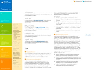 29 de 35
1
Microsoft Dynamics
NAV
3
Paquete de
funcionalidades de
Microsoft Dynamics
NAV 2015
2
Cómo comprar
Microsoft Dynamics
NAV 2015
4
Capacidades del
producto en
Microsoft Dynamics
NAV 2015
5
Recursos de Microsoft
Contenido
El Paquete de inicio El Paquete extendido
Informes (100)
Grupos adicionales de 100 informes están disponibles en el conjunto de
programas de personalización.
Tablas (10)
Se incluyen 10 tablas con el Paquete extendido. Grupos adicionales
de 10 tablas están disponibles en el conjunto de programas de
personalización.
XMLports (100)
Se incluyen 100 XMLports con el Paquete extendido. Grupos
adicionales de 100 XMLports están disponibles en el conjunto de
programas de personalización.
Consultas (100)
Grupos adicionales de 100 consultas están disponibles en el conjunto
de programas de personalización.
Páginas (100)
Se incluyen 100 páginas con el Paquete extendido. Grupos
adicionales de 100 páginas están disponibles en el conjunto de
programas de personalización.
Otro
Hoja de horas
La hoja de horas es una solución sencilla y flexible para el registro de
tiempo con la aprobación del director. La hoja de horas proporciona
integración con los módulos de servicios, trabajos y recursos.
Dimensiones avanzadas
El módulo de dimensiones avanzadas proporciona un número
ilimitado de transacciones para su uso en transacciones en todos
los libros contables. Puede asignar a las dimensiones los nombres
más apropiados para su empresa. Además de un número ilimitado
de dimensiones, este módulo incluye funciones avanzadas de
dimensiones que le permiten configurar reglas sobre cómo combinar
las dimensiones y los valores de las dimensiones. Esto le ayuda
a controlar el uso de dimensiones y aumenta la fiabilidad de los
resultados basados en las dimensiones.
También puede:
 Configurar reglas para definir prioridades de los valores
predeterminados y definir reglas de dimensiones adaptadas a su
empresa
 Configurar y usar vistas de análisis para analizar transacciones de
contabilidad general por dimensión y combinar las dimensiones
como desee
 Incluir información de presupuesto en las vistas de análisis, lo que
constituye una forma avanzada de analizar los datos mediante
dimensiones
 Combinar análisis de dimensiones con el uso de esquemas de
cuentas
Dimensiones básicas
Añada dos dimensiones adicionales a la contabilidad general y
cualquier otro tipo de contabilidad en Microsoft Dynamics NAV para
disfrutar de mayor flexibilidad cuando trabaje con las herramientas
de análisis. Puede asignar a estas dos dimensiones los nombres más
apropiados para su empresa y asignar códigos de dimensión a cada
transacción relacionada con una cuenta de contabilidad general,
cliente, proveedor, activo fijo, recurso, trabajo o artículo de inventario.
Asimismo, puede definir valores de dimensiones predeterminados y
reglas para los valores predeterminados para todo tipo de cuentas
(contabilidad general, clientes, proveedores, artículos, etc.), lo que le
permite añadir fácilmente dimensiones a todas las transacciones. Este
módulo se puede usar en empresas que, por ejemplo, tengan varios
proyectos, regiones o centros de beneficios.
También puede usarlo para:
 Analizar detalladamente los proyectos de las empresas que
trabajan con proyectos entre departamentos y funciones
 Generar un estado de resultados de la cuenta de vehículos de la
empresa, donde los distintos vehículos están configurados como
proyectos
 Establecer una sola cuenta para todos los vehículos de la
empresa e incluso un estado detallado de cada vehículo
 Imprimir un balance de un departamento o proyecto
determinado o de una combinación de ambo
Administración
financiera
 General
 Activos fijos
 Tesorería
Administración de
cadenas de suministros
 Ventas y cuentas
por cobrar
 Impuestos sobre las
ventas
 Compras y cuentas
por pagar
 Inventario
 Gestión de almacenes
	
Fabricación
 Fabricación básica
 Fabricación ágil
 Planificación del
suministro
 Planificación de
capacidad
Administración de
proyectos
 Recursos
Ventas, marketing y
gestión de servicios
Ventas y marketing
 Gestión de servicios
Administración de
recursos humanos (hrm)
	
Idiomas
Configuración y
desarrollo
 Objetos de aplicación
 Otro
 Módulos locales
 