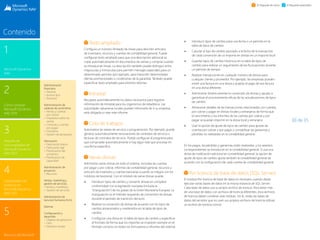 30 de 35
1
Microsoft Dynamics
NAV
3
Paquete de
funcionalidades de
Microsoft Dynamics
NAV 2015
2
Cómo comprar
Microsoft Dynamics
NAV 2015
4
Capacidades del
producto en
Microsoft Dynamics
NAV 2015
5
Recursos de Microsoft
Contenido
El Paquete de inicio El Paquete extendido
Texto ampliado
Configure un número ilimitado de líneas para describir artículos
de inventario, recursos y cuentas de contabilidad general. Puede
configurar texto ampliado para que una descripción adicional se
copie automáticamente en documentos de ventas y compras cuando
se introduzcan líneas. La descripción también puede distinguir entre
mayúsculas y minúsculas para permitir mensajes especiales para un
determinado período (por ejemplo, para transmitir determinadas
ofertas promocionales o condiciones de la garantía). También puede
especificar texto ampliado para distintos idiomas.
Intrastat
Recupere automáticamente los datos necesarios para registrar
información de Intrastat para los organismos de estadística. Las
autoridades aduaneras locales pueden informarle de si su empresa
está obligada a crear este informe.
Cola de trabajos
Automatice las tareas de servicio o programación. Por ejemplo, puede
generar automáticamente renovaciones de contratos de servicio o
facturas de contratos de servicio. Puede configurar el programa para
que compruebe automáticamente si hay algún lote que procesar en
una fecha específica.
Varias divisas
Administre varias divisas en todo el sistema, incluidas las cuentas
por pagar y por cobrar, informes de contabilidad general, recursos y
artículos de inventario y cuentas bancarias (cuando se integra con los
módulos de tesorería). Con el módulo de varias divisas puede:
 Introducir tipos de cambio y convertir divisas en completa
conformidad con la legislación europea (incluida la
“triangulación”) de los países de la Unión Monetaria Europea. La
triangulación es el método requerido de conversión de divisas
durante el período de transición del euro.
 Realizar la conversión de divisas de acuerdo con los tipos de
cambio almacenados y mantenidos en la tabla de tipos de
cambio
 Configurar una divisa en la tabla de tipos de cambio y especificar
el formato de forma que los importes se muestren siempre en el
formato correcto en todos los formularios e informes del sistema
 Introducir tipos de cambio para una fecha o un período en la
tabla de tipos de cambio
 Calcular el tipo de cambio asociado a la fecha de la transacción
de cada conversión de un importe en divisas en un importe local
 Guardar tipos de cambio históricos en la tabla de tipos de
cambio para realizar un seguimiento de las fluctuaciones durante
un período de tiempo
 Realizar transacciones en cualquier número de divisas para
cualquier cliente y proveedor. Por ejemplo, las empresas pueden
emitir una factura en una divisa y aceptar el pago de esa factura
en una divisa diferente.
 Administrar dinámicamente la conversión de divisas y ayudar a
garantizar el procesamiento eficaz de las actualizaciones de tipos
de cambio
 Almacenar detalles de las transacciones relacionadas con cuentas
por cobrar y pagar en divisas locales y extranjeras de forma que
el vencimiento y los informes de las cuentas por cobrar y por
pagar se puedan imprimir en la divisa local y extranjera
 Usar la opción de ajuste de tipos de cambio para ajustar las
cuentas por cobrar y por pagar y contabilizar las ganancias y
pérdidas no realizadas en la contabilidad general.
En los pagos, las pérdidas y ganancias están realizadas, y los asientos
correspondientes se introducen en la contabilidad general. Si usa una
divisa de notificación adicional en contabilidad general, la opción de
ajuste de tipos de cambio ajusta también la contabilidad general de
acuerdo con la configuración de cada cuenta de contabilidad general.
Por licencia de base de datos (SQL Server)
El módulo Por licencia de base de datos es necesario cuando desea
ejecutar varias bases de datos en la misma instancia de SQL Server.
Cada base de datos usa su propio archivo de licencia. Para tener más
de una base de datos con archivos de licencia diferentes, esos archivos
de licencia deben contener este módulo. Sin él, todas las bases de
datos del servidor que no usen sus propios archivos de licencia utilizan
un archivo de licencia común.
Administración
financiera
 General
 Activos fijos
 Tesorería
Administración de
cadenas de suministros
 Ventas y cuentas
por cobrar
 Impuestos sobre las
ventas
 Compras y cuentas
por pagar
 Inventario
 Gestión de almacenes
	
Fabricación
 Fabricación básica
 Fabricación ágil
 Planificación del
suministro
 Planificación de
capacidad
Administración de
proyectos
 Recursos
Ventas, marketing y
gestión de servicios
Ventas y marketing
 Gestión de servicios
Administración de
recursos humanos (hrm)
	
Idiomas
Configuración y
desarrollo
 Objetos de aplicación
 Otro
 Módulos locales
 