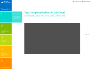 5 de 35
1
Microsoft Dynamics
NAV
3
Paquete de
funcionalidades de
Microsoft Dynamics
NAV 2015
2
Cómo comprar
Microsoft Dynamics
NAV 2015
4
Capacidades del
producto en
Microsoft Dynamics
NAV 2015
5
Recursos de Microsoft
Contenido
El Paquete de inicio El Paquete extendido
Your Complete Business in the Cloud.
Microsoft Dynamics NAV and Office 365
Una solución probada
para su empresa
Los socios impulsan el
éxito de las pequeñas y
medianas empresas
 