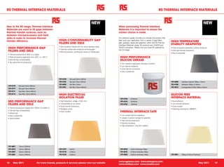 RS THERMAL INTERFACE MATERIALS                                                                                                                                               RS THERMAL INTERFACE MATERIALS


                                                                                                          NEW                                                                                                                     NEW
New to the RS range; Thermal Interface                                                                                   When purchasing Thermal Interface
Materials are used to fill gaps between                                                                                  Materials it is important to ensure the
thermal transfer surfaces, such as                                                                                       correct choice is made.
between microprocessors and heat
sinks in order to increase thermal                                                                                       Our selection guide will help you choose the product that
transfer efficiency.                                          HIGH CONFORMABILITY GAP                                    best suits your application from a variety of gap fillers,
                                                                                                                                                                                      HIGH TEMPERATURE
                                                              FILLERS AND GELS                                           gels, greases, tapes and graphite’ within the RS Thermal
                                                                                                                                                                                      STABILITY GRAPHITES
                                                                                                                         Interface Materials range. All products are UL94V0 and
                                                              • Soft compliant material with low shore hardness rating
 HIGH PERFORMANCE GAP                                         • Improves surface area contact by removing gaps
                                                                                                                         REACH compliant. Please visit your local RS website for      • Wide temperature application without drying out
                                                                                                                         the full range.
 FILLERS AND GELS                                             • Minimal pressure, providing low stress on mating parts
                                                                                                                                                                                      • Ultra high thermal conductivity
                                                                                                                                                                                      • Easy to assemble
 • Thermal conductivity of 3W/m K or higher
 • Wide temperature application from -40°C to +150 °C                                                                     HIGH PERFORMANCE
 • Soft and high compressibility                                                                                          SILICON GREASE
 • Very good thermal conductivity
                                                                                                                          • Thin material or application thickness <0.25mm
                                                                                                                          • Low thermal resistance
                                                                                                                          • Good thermal conductivity
                                                                                                                          • Easy to assemble



                                                              707-4730       Gel pad 0.5mm 2W/mk
                                                              707-4742       Gel pad 1.5mm 2W/mk                                                                                      707-4806       Interface material 150sq x 1.0mm
                                                              707-4635       Gel filler 1.5mm                                                                                         707-4780       Adhesive 150sq x 0.16mm
 707-4770         Gel pad 2.0mm 6W/mk
                                                              707-4761       Gel filler 2.0mm 4W/mk                                                                                   707-4812       Impregnated Int Mat 150sq x 0.6mm
 707-4777         Gel pad 1.5mm 6W/mk
 707-4711         Gap filler 1.0mm 6W/mk
 707-4714         Gap filler 1.5mm 6W/mk
                                                              HIGH ELECTRICIAL                                                                                                        SILICON FREE
                                                              ISOLATION FILLER                                            707-4736        5.0 W/mk
                                                                                                                                                                                      INTERFACE MATERIAL
 MID PERFORMANCE GAP                                          • High breakdown voltage >3.5kV /mm                         707-4724        3.6 W/mk                                    • Good adhesion

 FILLERS AND GELS                                             • Compressible for low stress                               707-4733        1.8 W/mk                                    • Low thermal resistance
                                                              • Good thermal conductivity                                                                                             • Good insulator
 • Thermal conductivity ranging from 1.5W/m K to 3W/m K
                                                              • Fibreglass carrier                                                                                                    • Operating temperature -40→180°C
 • Soft and high compressibility
 • Natural tack
                                                              • Good insulator                                            THERMAL INTERFACE TAPE
 • Easy to assemble                                                                                                       • Low contact thermal impedance
 • Good insulator                                                                                                         • Locates in position strongly for assembly
                                                                                                                          • High thermal conductivity
                                                                                                                          • Electrical insulating
                                                                                                                          • High temperature - long term stability




 707-4651         1.2mm 3.2W/mk
 707-4572         1.2mm 1.6W/mk                               707-4727       0.3mm                                        707-4819        0.2mm thickness 150sq
 707-4597         3.0mm 1.6W/mk                               707-4718       0.18mm                                       707-4815        0.15mm thickness 150sq
 707-4601         1.5mm 2.2W/mk                               707-4720       0.45mm                                       707-4828        0.25mm thichness 150sq                      707-4821       150sq x 0.12mm thickness



                                                                                                                         www.rsgreece.com www.rsincyprus.com
18      May 2011                           For more brands, products & services please view our website                                                                                                                     May 2011      19
                                                                                                                         www.rsinlibya.com www.rsmalta.com
 
