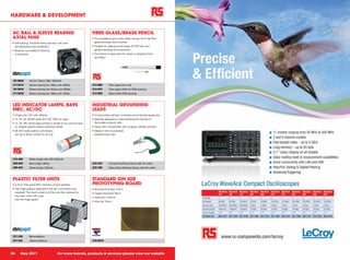 HARDWARE & DEVELOPMENT


 AC BALL & SLEEVE BEARING                                         FIBRE GLASS/BRASS PENCIL
 AXIAL FANS                                                       • This propelling pencil style holder houses 4mm dia fibre
 • Self-starting, industrial frame size fans with over              glass and brass stick brushes
   temperature/current protection                                 • Suitable for cleaning small areas of PCB track and
 • Reverse mountable for blowing                                    general abrading of components
   or extraction                                                  • The choice of spare permits variety in abrading finish
                                                                    and effect




 101-8052       AC fan 119mm 230v 160m3/H
 211-9314       Sleeve bearing fan 160cu.m/h 240Vac               514-868        Fibre glass 4mm dia
 101-8018       Sleeve bearing fan 29.4cu.m/h 230Vac              514-874        Fibre glass refills for PCB cleaning
 211-9320       Sleeve bearing fan 180cu.m/h 115Vac               514-880        Brass refills PCB cleaning



 LED INDICATOR LAMPS, BA9S                                        INDUSTRIAL GROUNDING
 MBC, AC/DC                                                       LEADS
 • Single chip LED with reflector                                 • For grounding vehicles, containers and industrial equipment
 • 12, 24, 28, 48 60V ac/dc and 130, 230V ac types                • Specially designed to make handling and transfer of
 • 12, 24, 28V centre base contact is anode for dc use and have     flammable products safe
   an integral reverse polarity protection diode                  • Heavy item incorporates twin tungsten carbide contacts
 • 48, 60V types polarity connections                             • Medium item incorporates
   can be to either contact for dc use                              pressed brass clips




 212-480        White single chip LED 24Vac/dc
 206-946        Blue single 130Vac                                233-323        Compact Earthing Clamp with 3m cable
 209-440        Green single 12Vac/dc                             233-339        Heavy Duty Earthing Clamp with 5m cable



 PLASTIC FILTER UNITS                                             STANDARD DIN SIZE
 • A 4mm filter gives 60% retention of dust particles             PROTOTYPING BOARD
 • The finger guard is attached to the fan with screws (not       • Nominal thickness 1.5mm
   supplied). The mesh screen and filter are then retained by     • Copper thickness 35μm
   the outer cover whih clips
                                                                  • Hole pitch 2.54mm
   over the finger guard
                                                                  • Hole dia 1.0mm




 221-336        80mmx80mm
 221-342        120mmx120mm                                       518-6610


                                                                                                                                  INTER_Adverts.indd 1   08/02/2011 09:22
34      May 2011                            For more brands, products & services please view our website
 