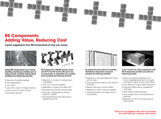 RS Components:
Adding Value, Reducing Cost
4 great suggestions from RS Components to save you money.




Using RS Components as a virtual           RS Components’ 500,000 product range          By placing forward orders for products          A low volume low value programme with
stocking warehouse enables you to          and 97.7% line fill service offer gives you   identified as frequently consumed               RS Components provides you with the
reduce levels of albeit critical items     an opportunity to rationalise your supplier   provides the following benefits:                following benefits:
enabling the following benefits:           base providing the following benefits:
                                                                                         • Reduction in cost associated with raising     • Allows purchasing to dedicate more
•   Reduction of capital employed          • Reduction in number of invoices due to        ad-hoc orders                                   time to negotiate better terms for capital
•   Less obsolescence                        consolidation                               • Improved service levels as stock profile is     purchases or higher volume commodities
•   Less waste                             • Less cost in accounts payable                 enhanced                                      • Cost reduction in paper based requisitions
•   Less admin costs to manage inventory   • Negotiation on prices with higher AOF       • Better prices due to column breaks            • Improved visibility due to management
                                           • Improved and consistent service levels      • Reduction in costs in accounts payable          information
•   Less insurance for value of stock
                                           • Less cost in engineering for product        • Improved efficiency and output due to         • More efficient ordering process
•   Less space required
                                             selection / location                          service levels                                • Less mistakes due to wrong products or
                                           • Improved efficiency and output due to                                                         quantities
                                             reduced down-time                                                                           • Reduction in costs in purchasing due to
                                                                                                                                           fewer quotes




                                                                                                                                 Call us for an obligation free visit to see where
                                                                                                                                      we could help your company save money!
 